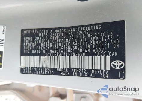 2020 Toyota Corolla Le from USA, damaged, VIN 5YFEPRAE4LP093650